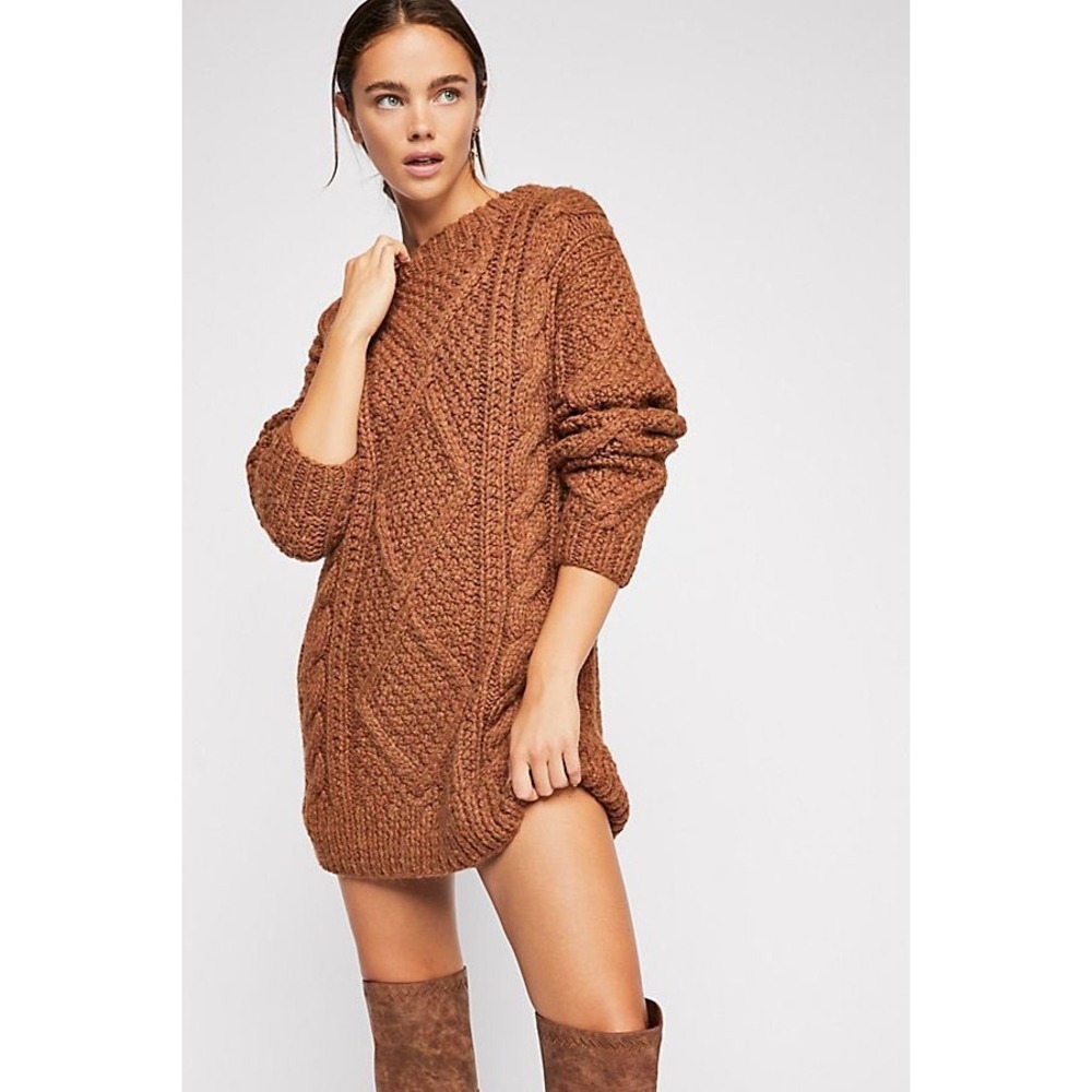 Free People Imogen 100% Alpaca Wool Cable Knit Tunic Sweater Dress Brown M/L